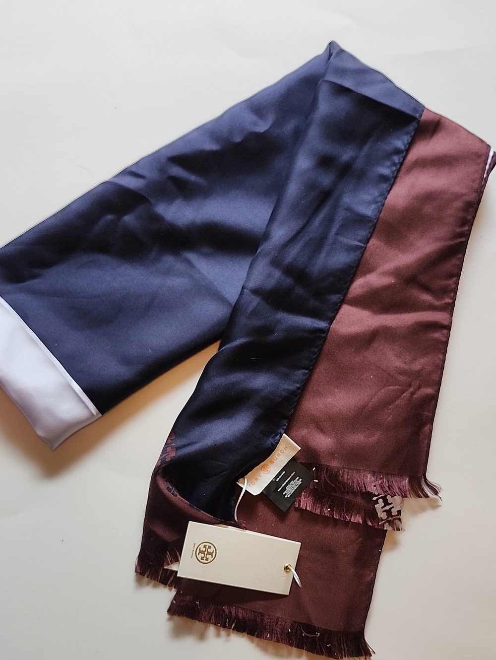 Tory Burch UNISEX Navy and Burgundy Silk-Blend Scarf